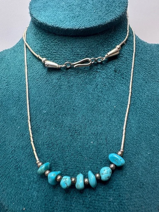 Turquoise Liquid Sterling Silver Necklace Cone Caps Hook Closure 20” - Picture 6 of 6